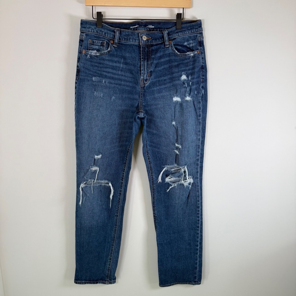 Old Navy Mid Rise Boyfriend Distressed Ripped Dark Wash Denim Blue Jeans 10 Tall